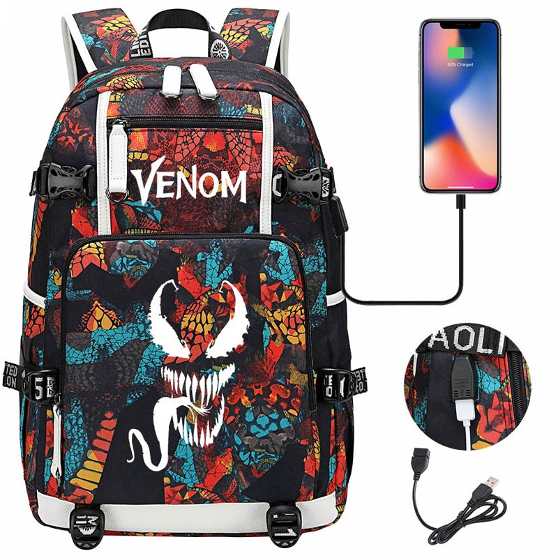 Venom Backpack Spiderman SchoolBag with USB Charging Port