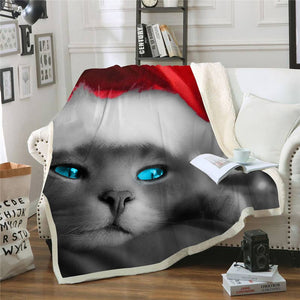 Christmas Blanket | Christmas Gray Cat Fleece Throw Blanket for Adult and Kids